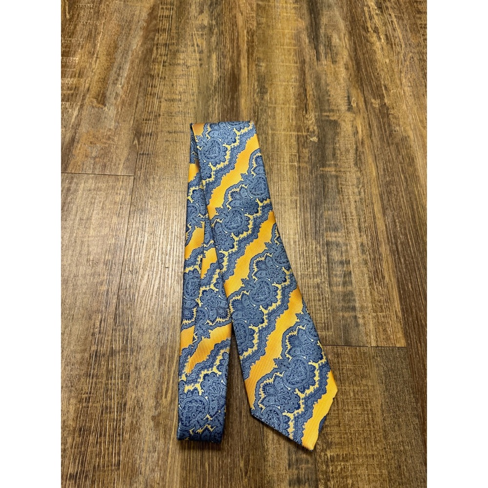 Stacy Adams Signature Gold Mens Paisley Necktie Yellow Blue Microfiber Hand Made - Picture 10 of 14